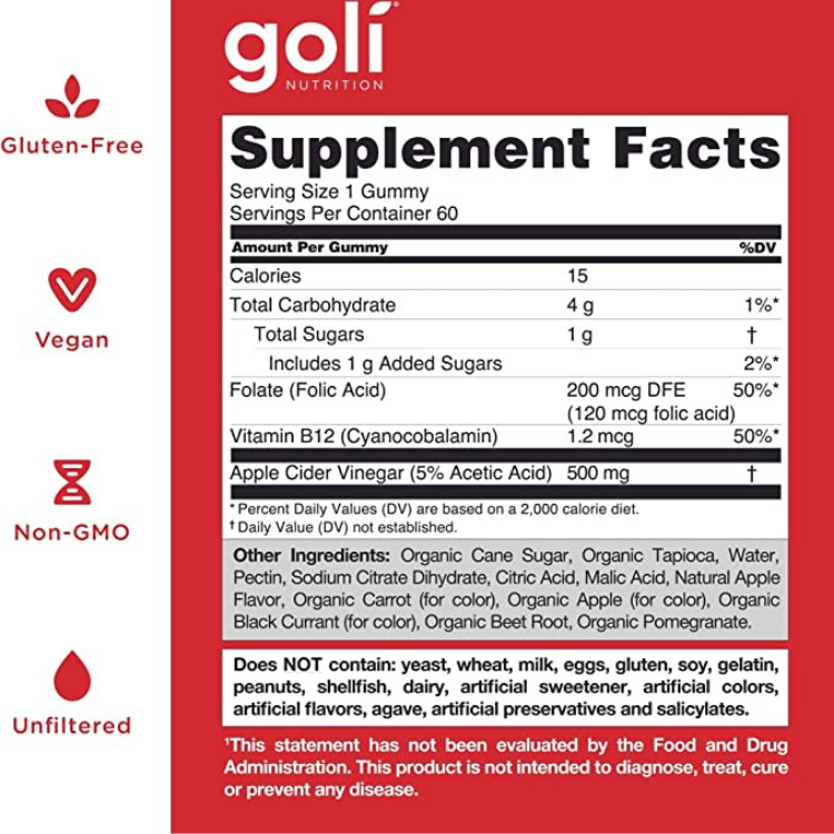 Goli Apple Cider Vinegar Gummies 60 ct Vegan, Organic, Non GMO, 1 Bottle