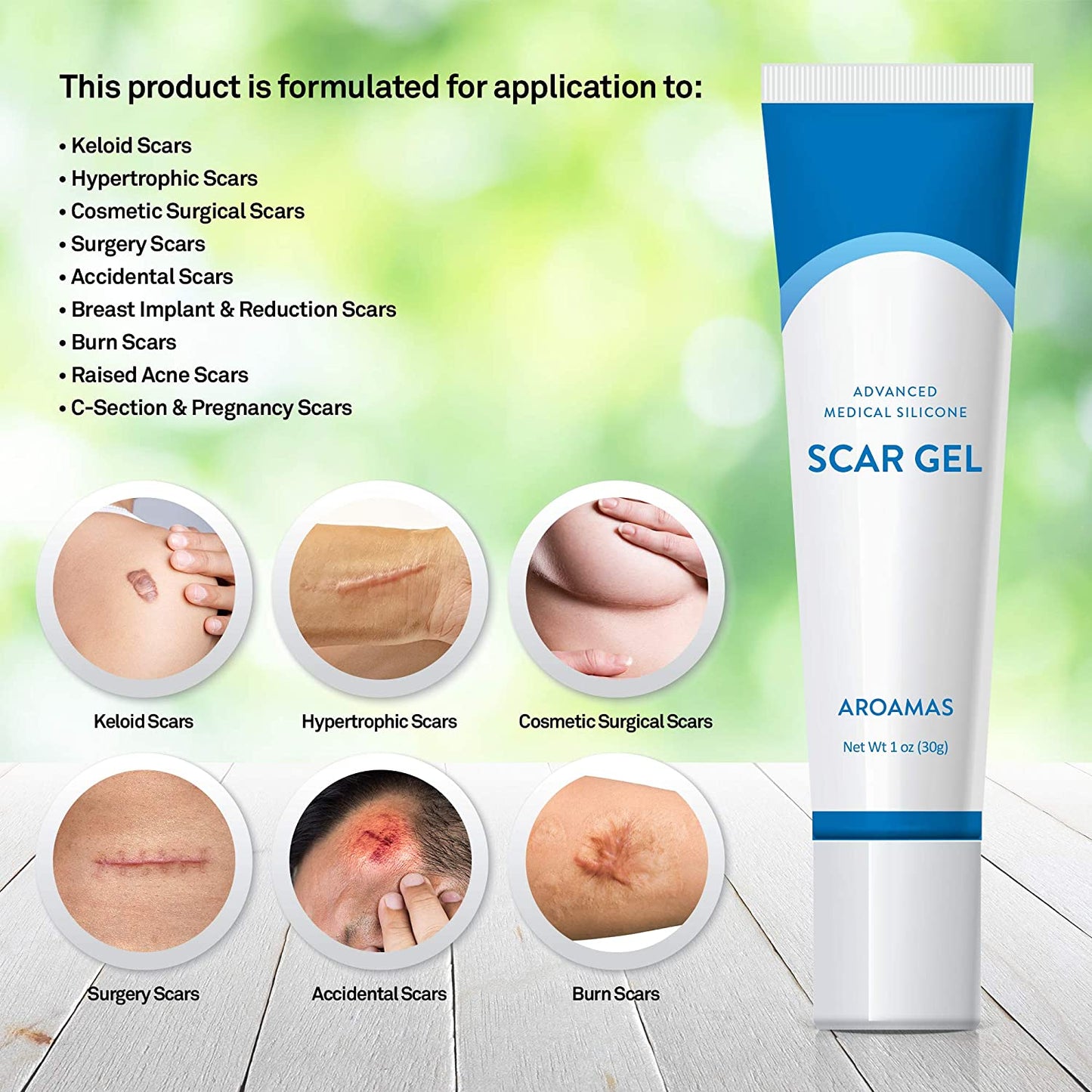 Aroamas Silicone Scar Gel, 30 g for for Surgical Scars, Face, Keloids, C-Section, Cosmetic Procedures, Burns, Injuries
