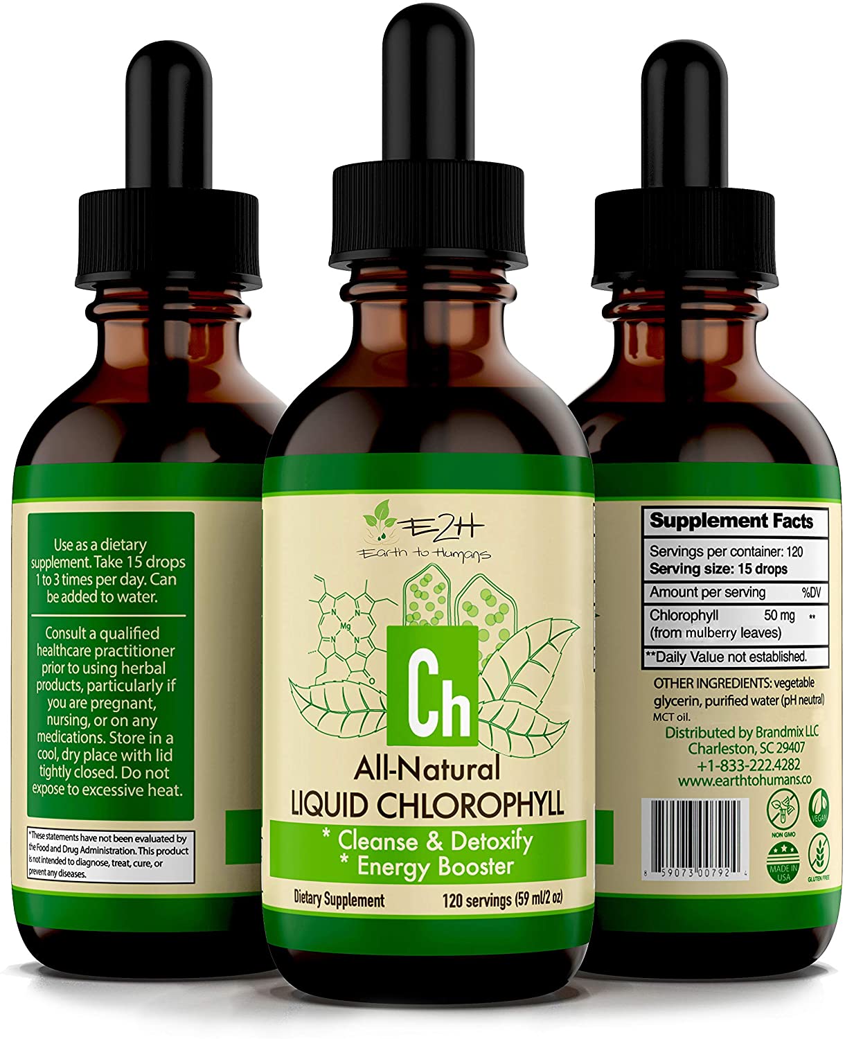 E2H EARTH TO HUMANS 100% All Natural Liquid Chlorophyll Drops, Energy, Digestion & Immune Booster, 120 Servings 59ml / 2 oz.