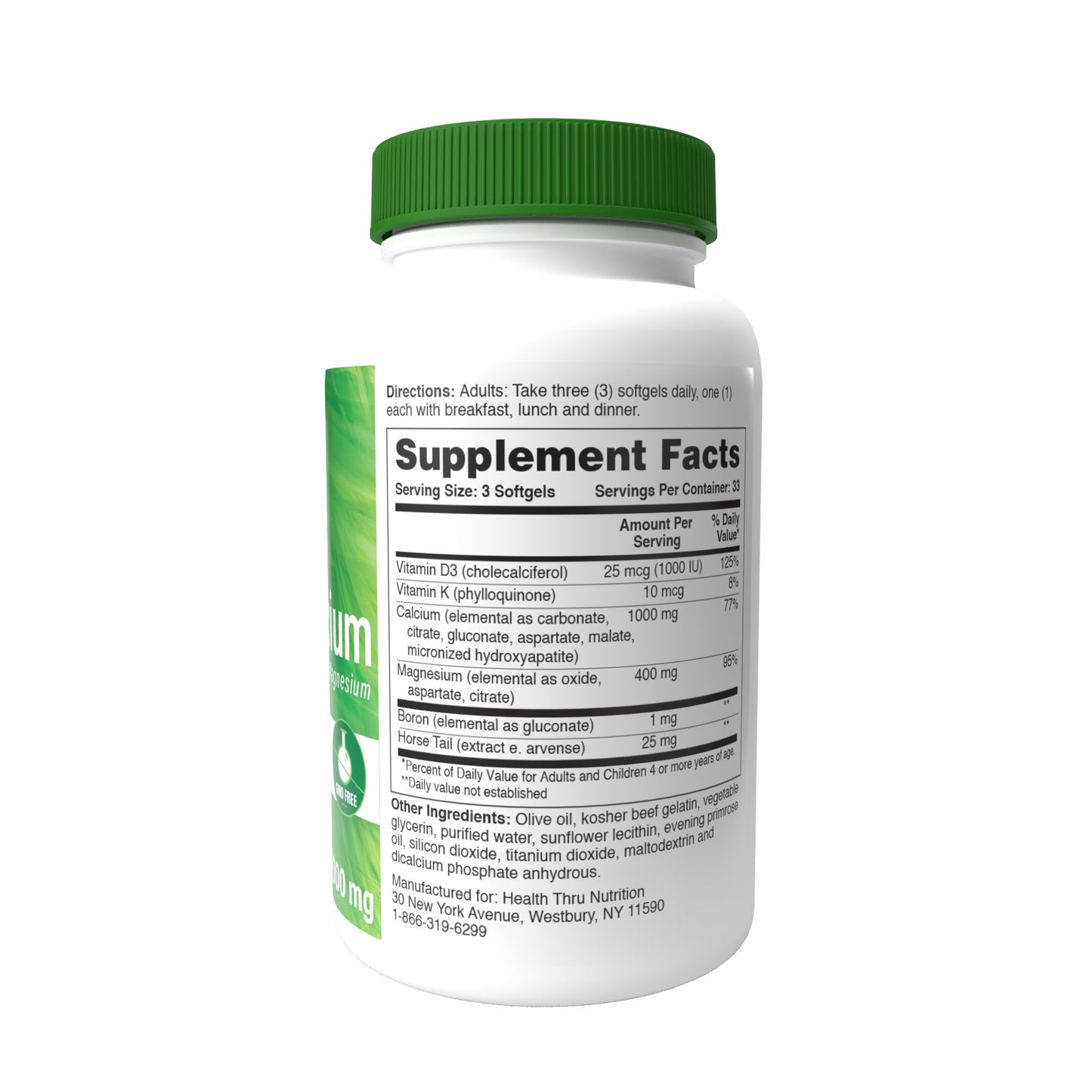 Health Thru Nutrition Liquid Calcium with Vitamin D3 & Magnesium 1000mg 100 Softgels Supports Healthy Bones, Teeth and Nails