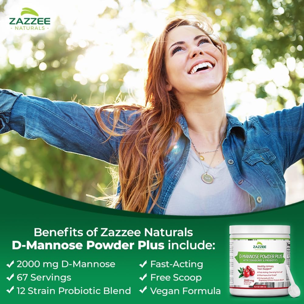 Zazzee D-Mannose Powder Plus with Cranberry & Probiotics 2000 mg, 184 g / 6.5 oz.