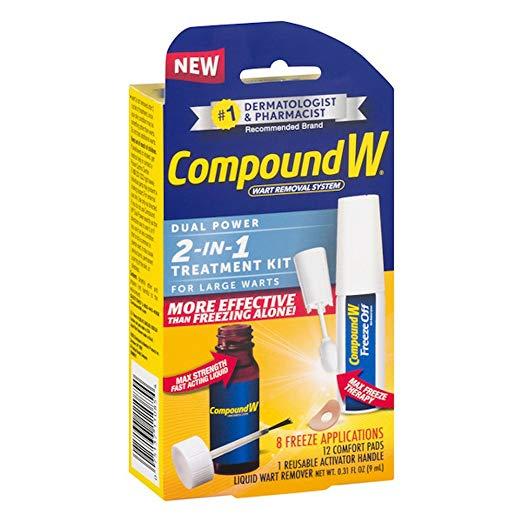 Compound W Dual Power 2 in 1 Treatment Kit for Large Warts (8 Freeze Applications, 12 Comfort Pads, 0.31 oz / 9ml Liquid Wart Remover) Packaging may Vary