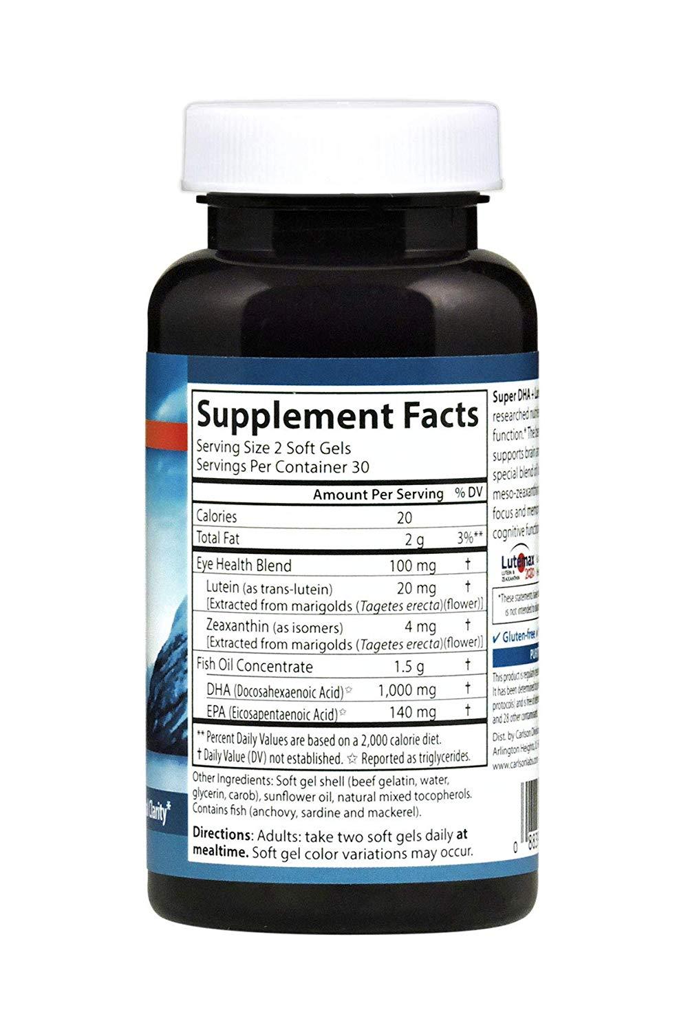 Carlson Super DHA + Lutein 60 Soft Gels Brain Support, Cognitive Function & Mental Clarity