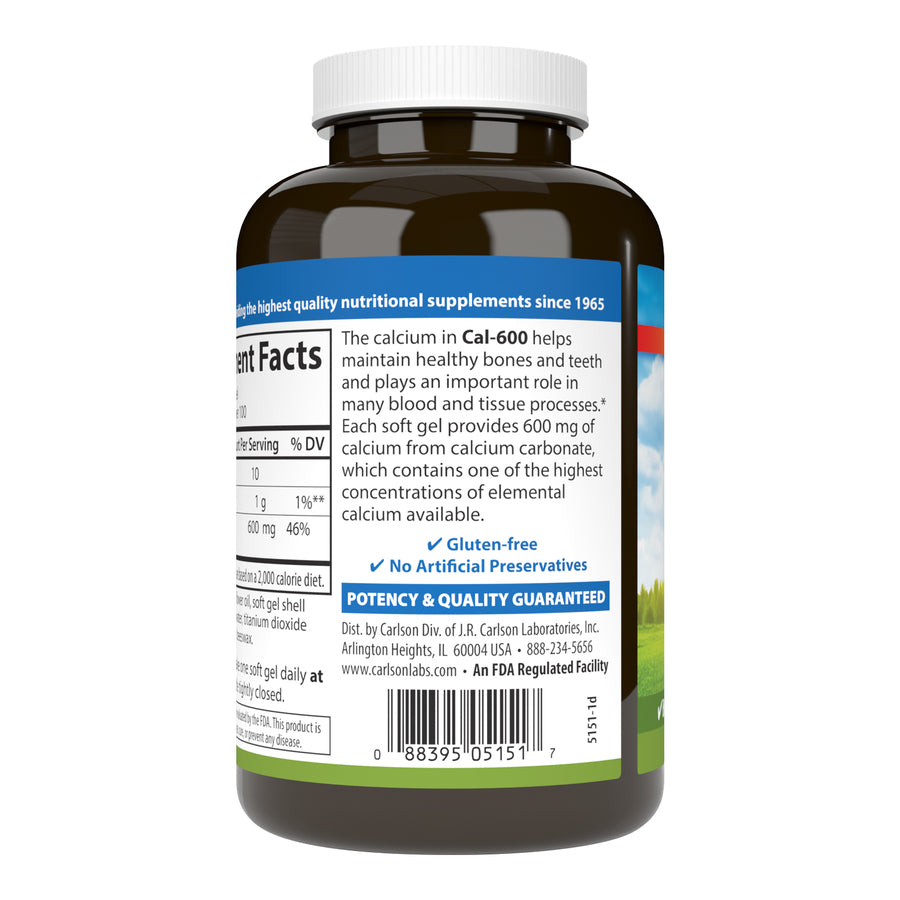 Carlson Liquid Filled Cal-600 Calcium 600mg 100 Soft Gels Bone Support, Healthy Teeth & Optimal Wellness