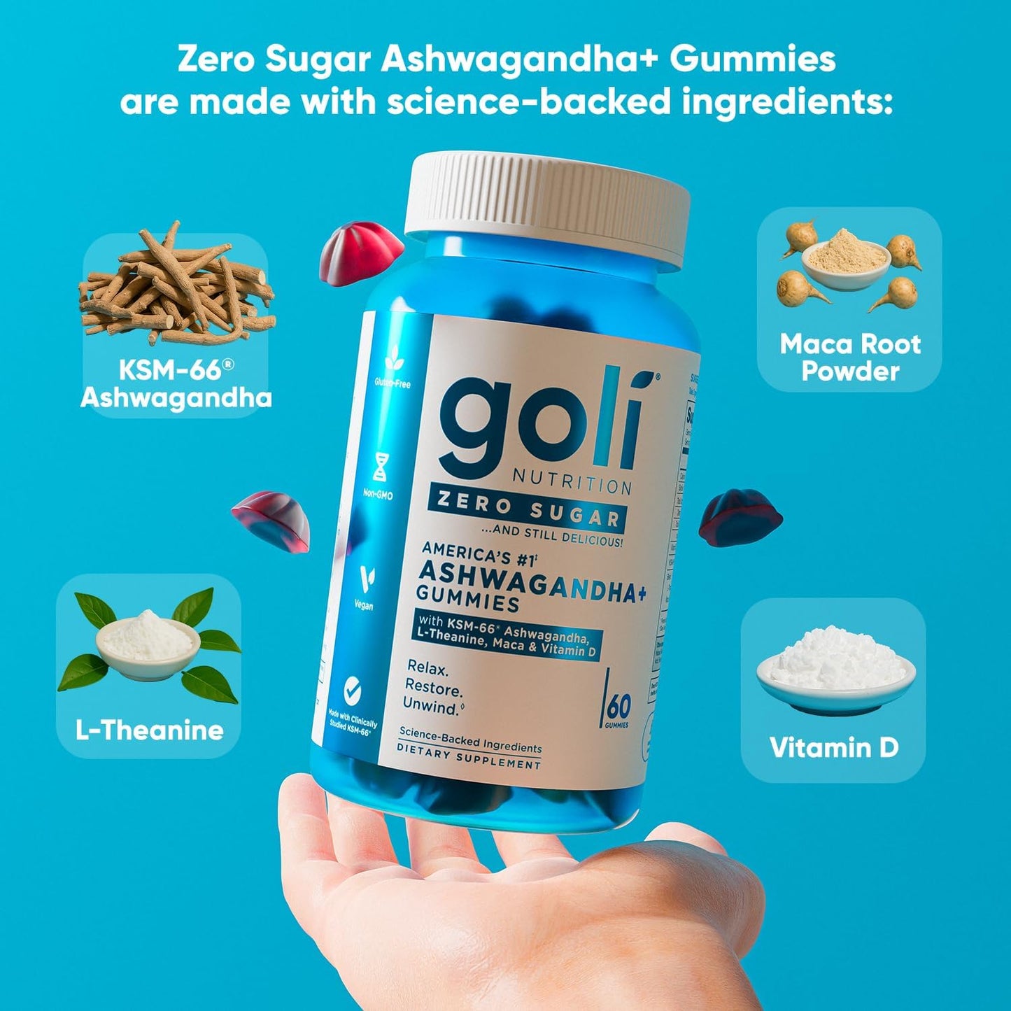 Goli Nutrition Zero Sugar Ashwagandha Gummies Dietary Supplement, 60 Gummies