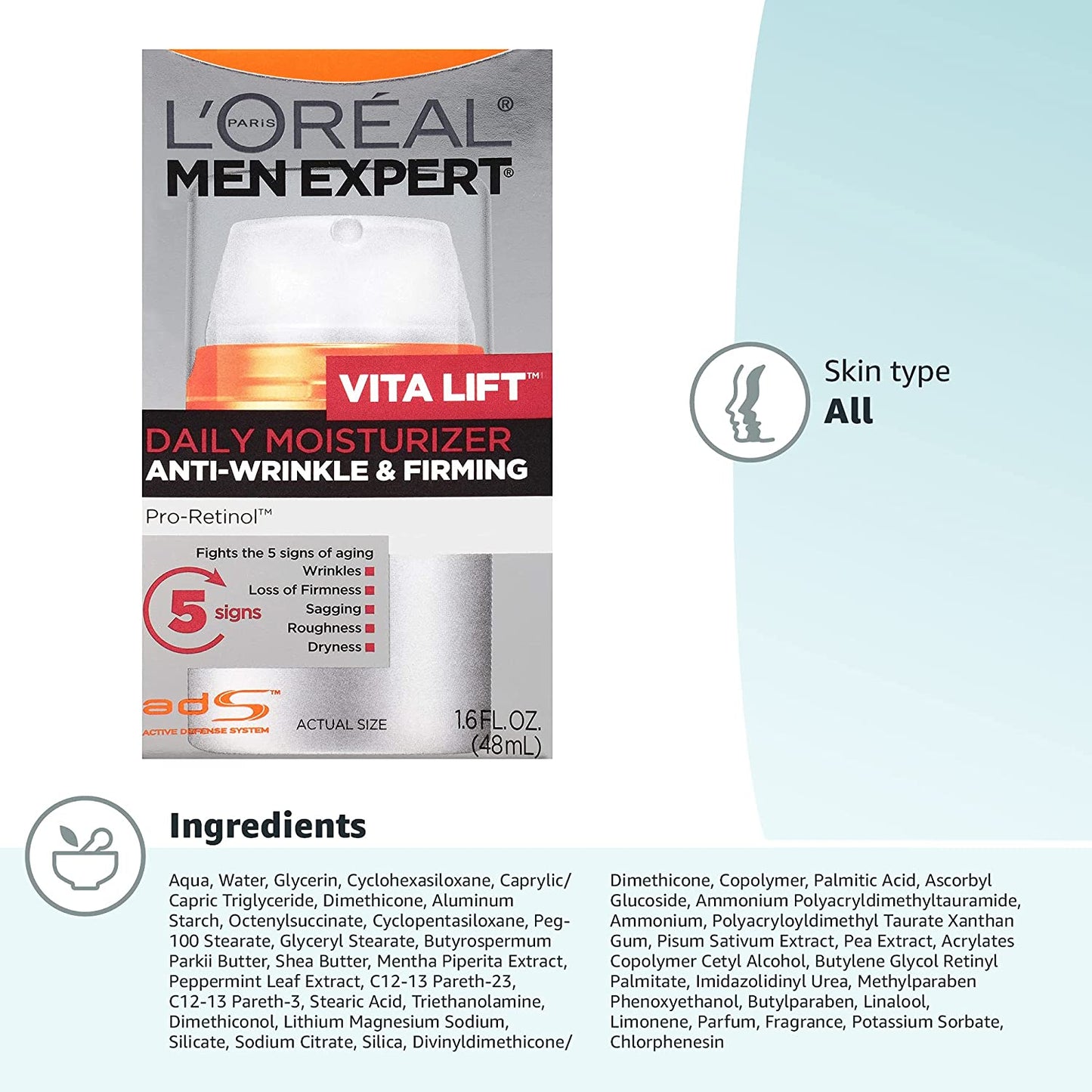 L'Oreal Men Expert Vita Lift Daily Moisturizer Anti-Wrinkle & Firming Pro-Retinol, 1.6 fl.oz / 48 ml