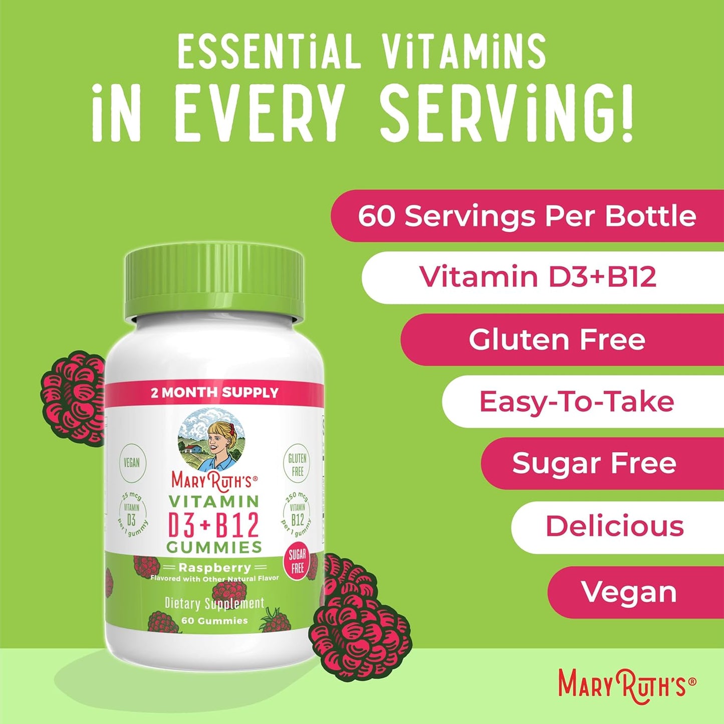 Mary Ruth's Vitamin D3 + B12 Gummies Raspberry, 60 Gummies