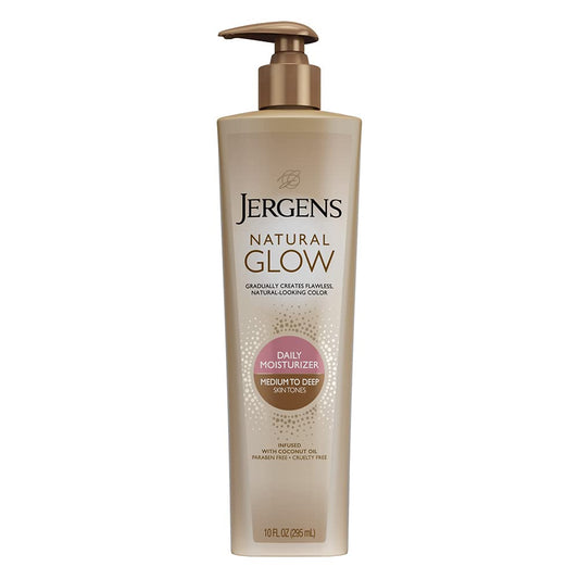 Jergens Natural Glow Daily Moisturizer Self Tanner Lotion for Medium to Deep Skin Tones Infused with Coconut Oil, 10 fl.oz / 295 ml