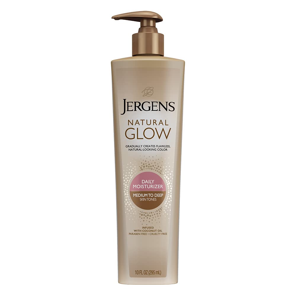 Jergens Natural Glow Daily Moisturizer Self Tanner Lotion for Medium to Deep Skin Tones Infused with Coconut Oil, 10 fl.oz / 295 ml