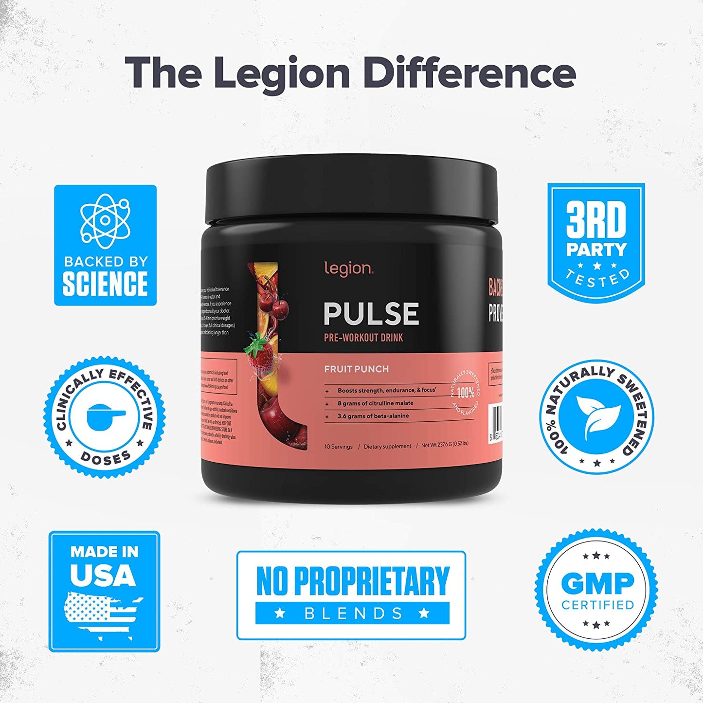 Legion Athletics Pulse Pre - Workout Drink Fruit Punch Dietary Supplement 10 Servings 237.6 g