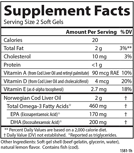Carlson Wild Norwegian Cod Liver Oil Gems, 460 mg Omega-3s + Vitamins A & D3, Natural Lemon 150 Softgels