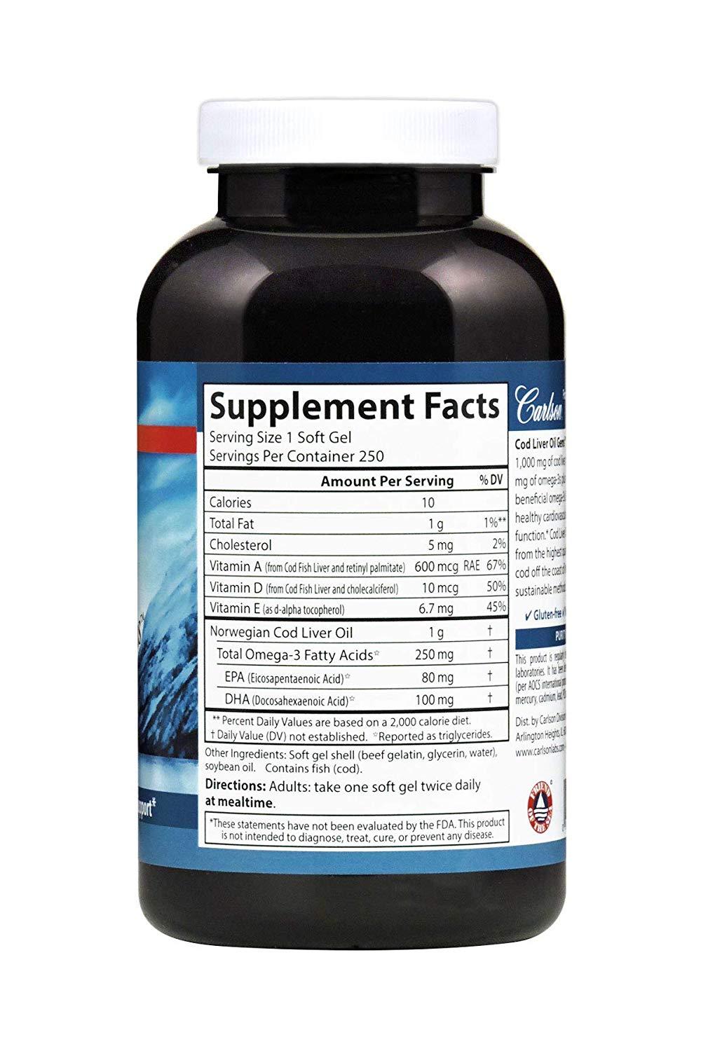Carlson Cod Liver Oil Gems Super 1,000 mg 250 Softgels