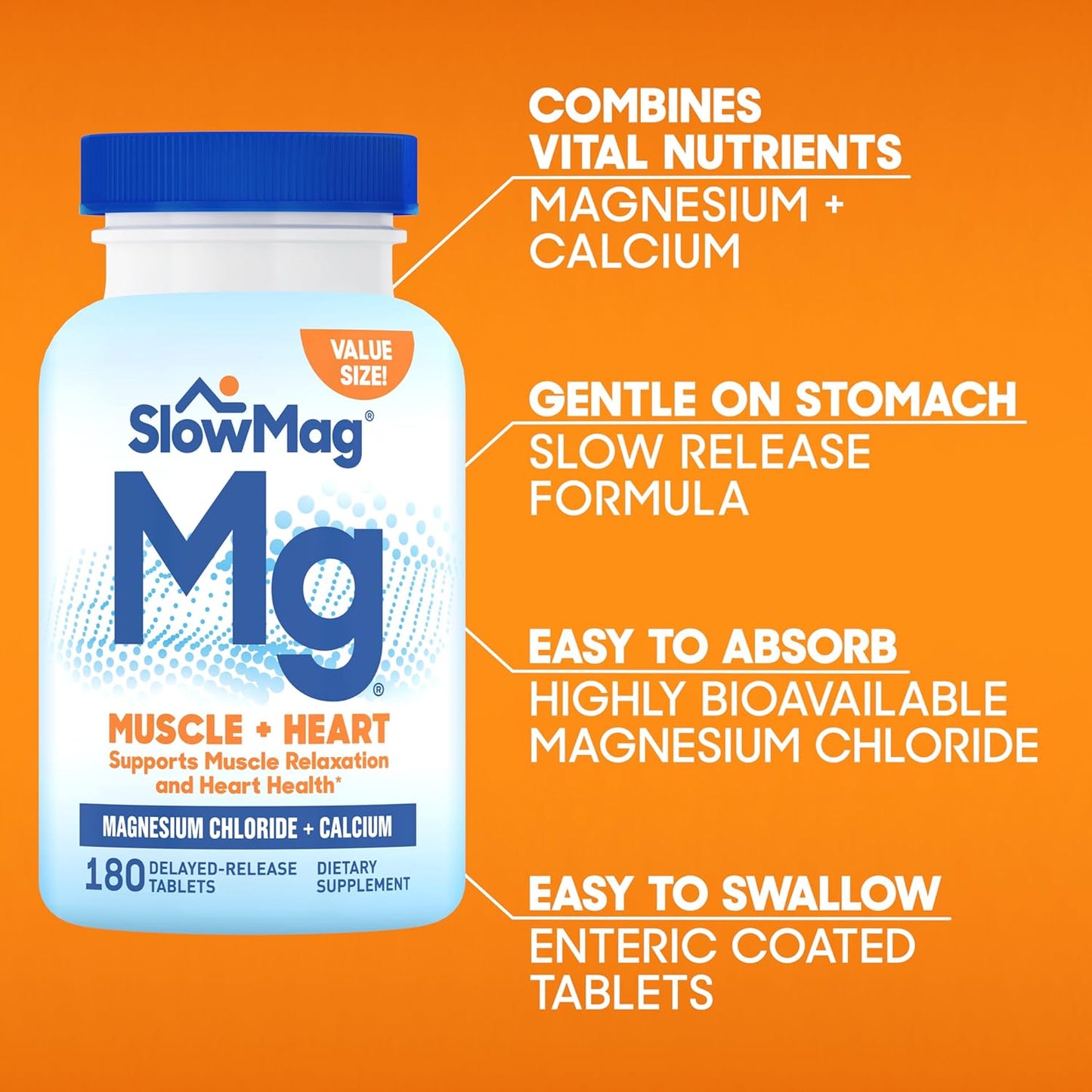 SlowMag Muscle + Heart Suuport Muscle Relaxation and Heart Health Supplement 180 Tablets