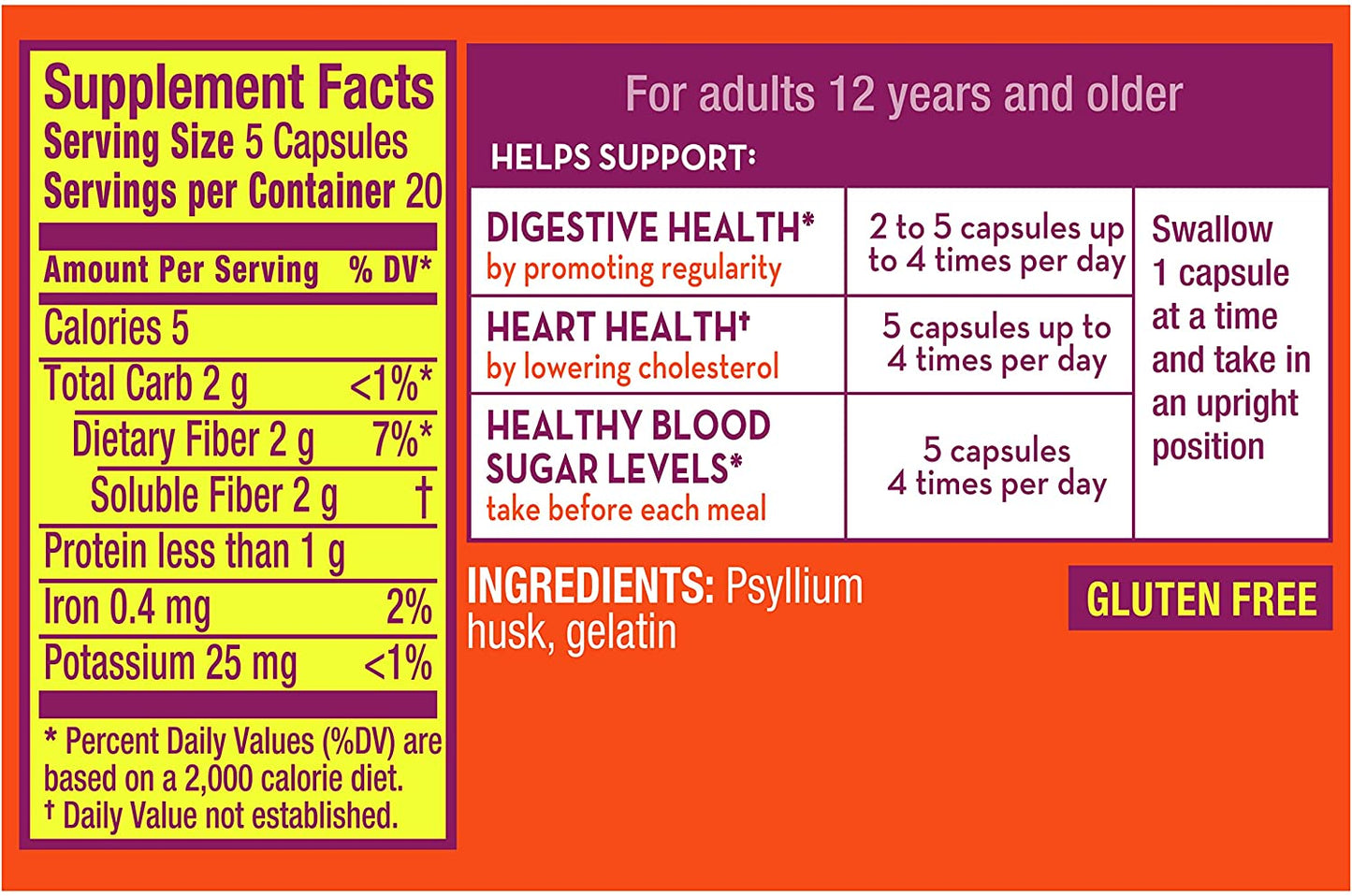 Metamucil 3-In-1, Psyllium Fiber Supplement, Multiple-Health Benefits (100 Capsules) PACKAGING MAY VARY