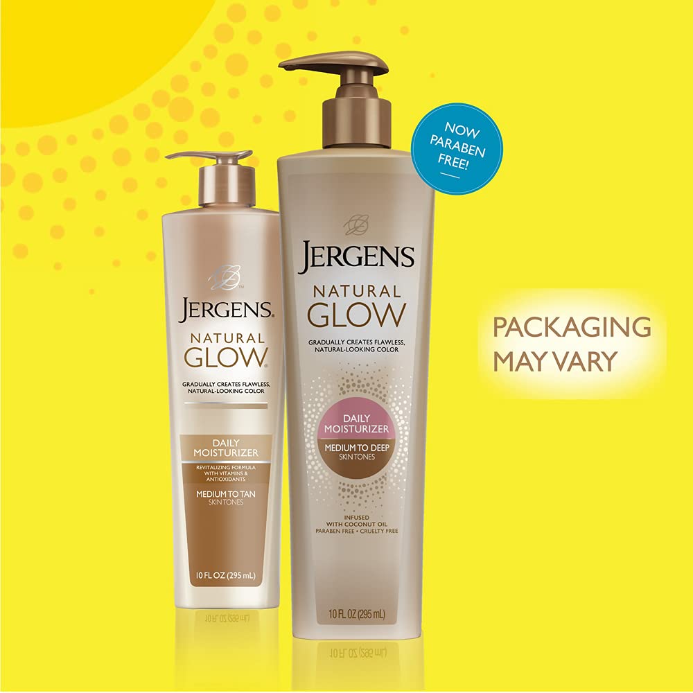 Jergens Natural Glow Daily Moisturizer Self Tanner Lotion for Medium to Deep Skin Tones Infused with Coconut Oil, 10 fl.oz / 295 ml