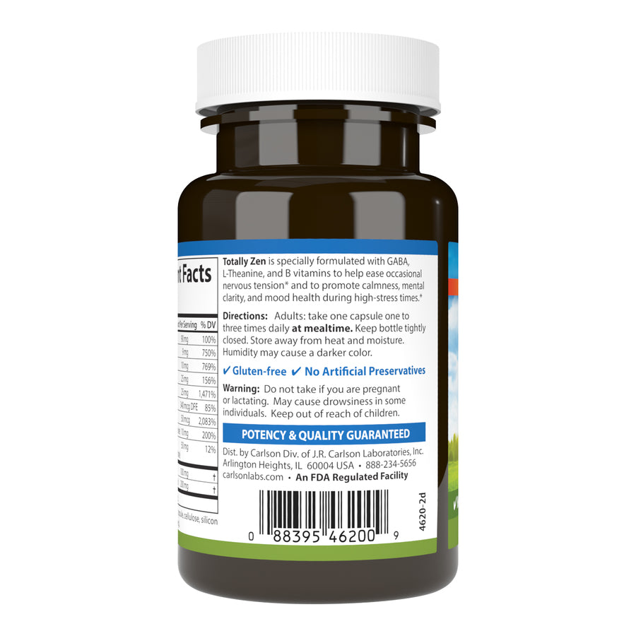 Carlson Totally Zen with GABA, L-Theanine & B Vitamins 30 Capsules Healthy Mood, Promotes Calmness & Mental Clarity