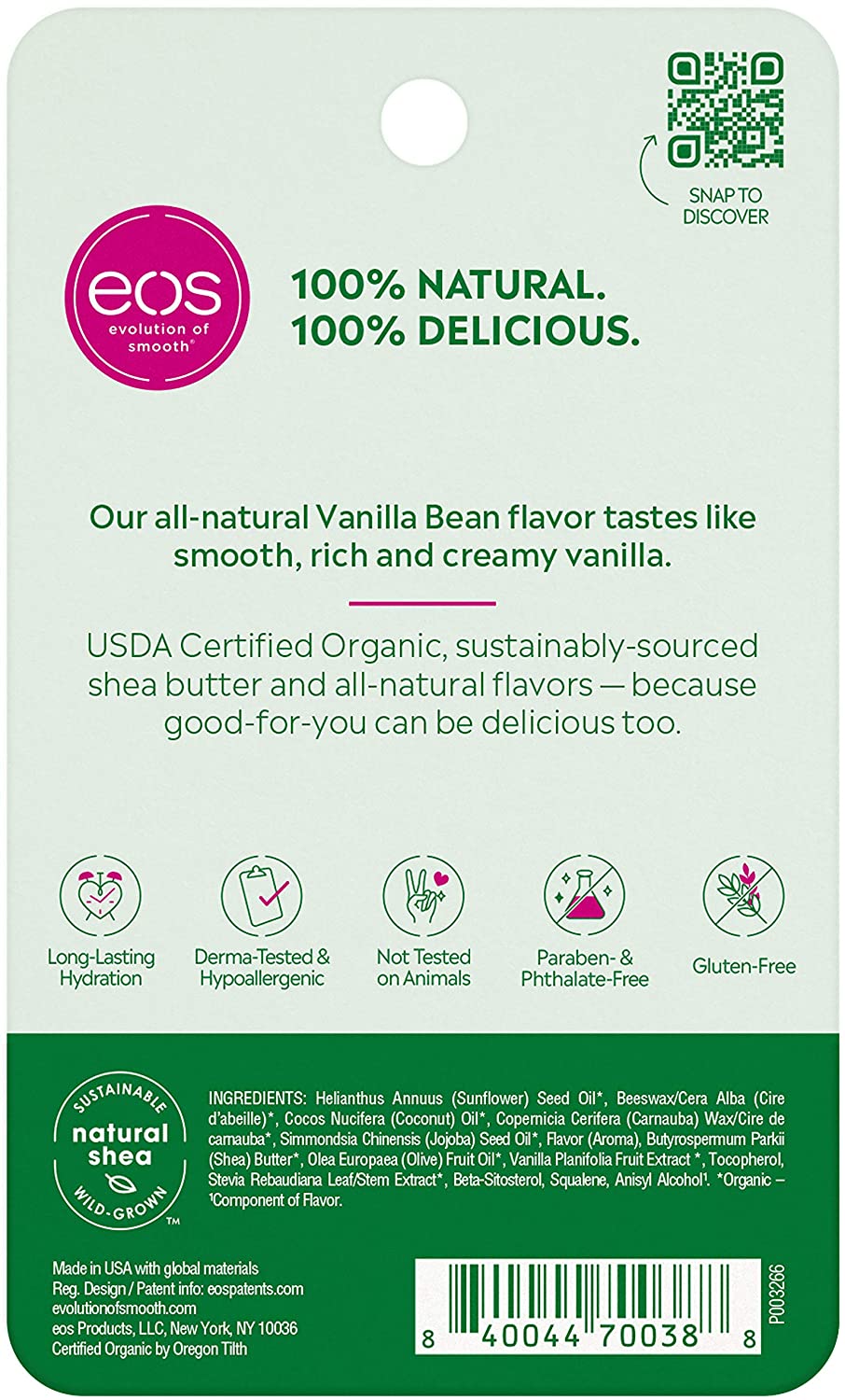 Eos 100% Natural Organic Lip Balm, Vanilla Bean 7 g USDA