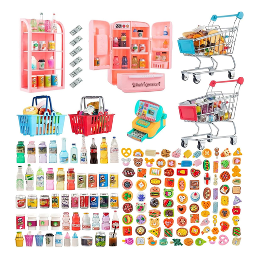 Miniature Toy Shopping Cart Basket with Grocery Accessories, Approx. 164 pcs