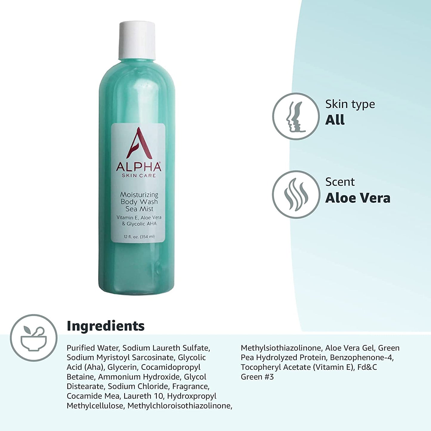 Alpha Skin Care Moisturizing Body Wash Sea Mist with Vitamin E, Aloe Vera & Glycolic AHA, 12 fl.oz / 354ml
