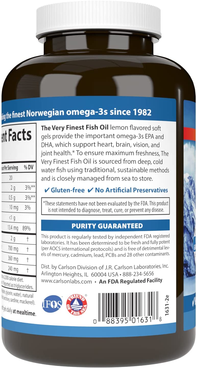 Carlson The Very Finest Fish Oil 700 mg Omega-3 Lemon Flavor 120 Softgels