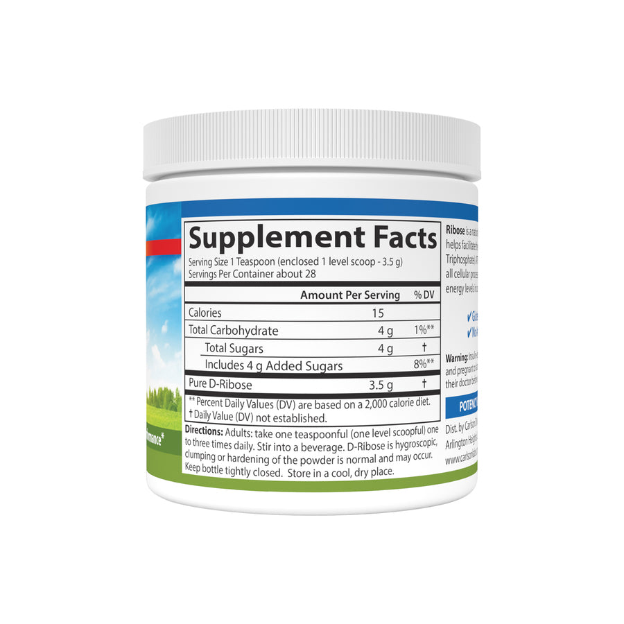 Carlson 100% Pure D-Ribose Powder Non-GMO 3.53 oz. / 100g for Energy Production & Muscle Recovery