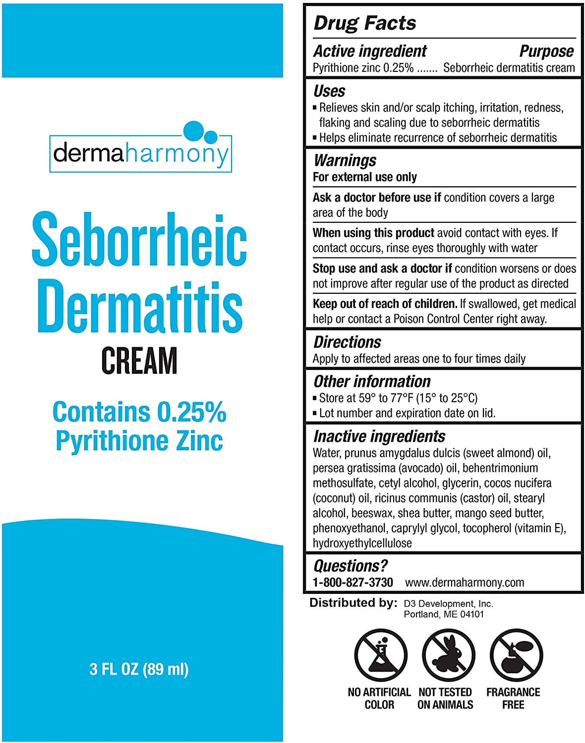 DermaHarmony Seborrheic Dermatitis Cream Stop Itching, Irritation, Flaking & Scaling, 3 fl.oz / 89ml