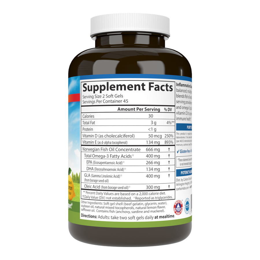 Carlson Inflammation Balance 50mcg (2,000 IU) D3 + Omegas Natural Lemon Flavor 90 Soft Gels Joint Function, Immune Support & Tissue Health