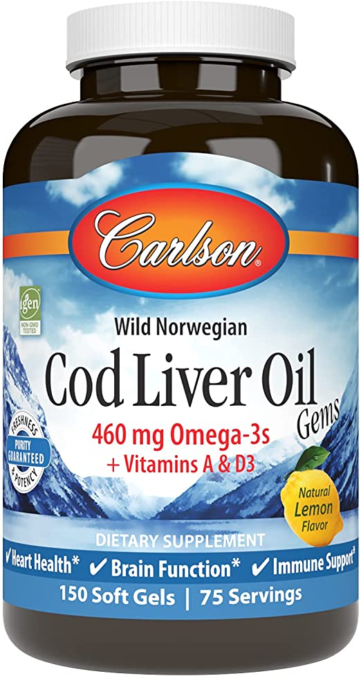 Carlson Wild Norwegian Cod Liver Oil Gems, 460 mg Omega-3s + Vitamins A & D3, Natural Lemon 150 Softgels