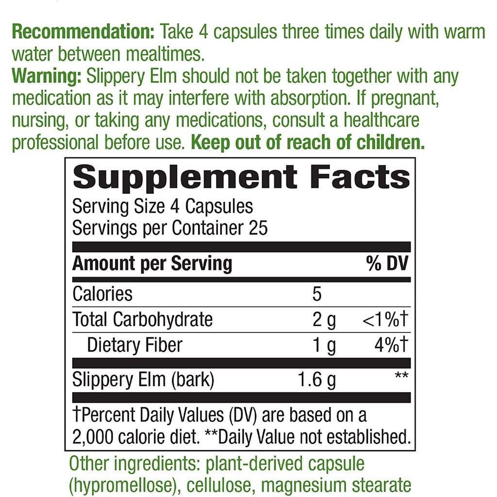 Nature's Way Slippery Elm Bark 1600mg, 100 Vegan Capsules
