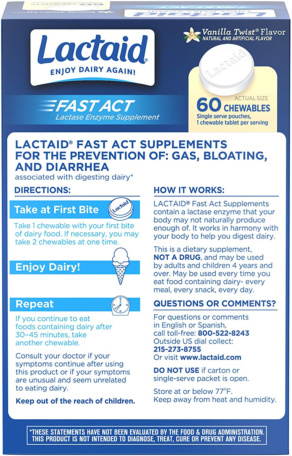 Lactaid Fast Act Lactose Intolerance Chewables with Lactase Enzymes | Vanilla Twist - 60 Chewables