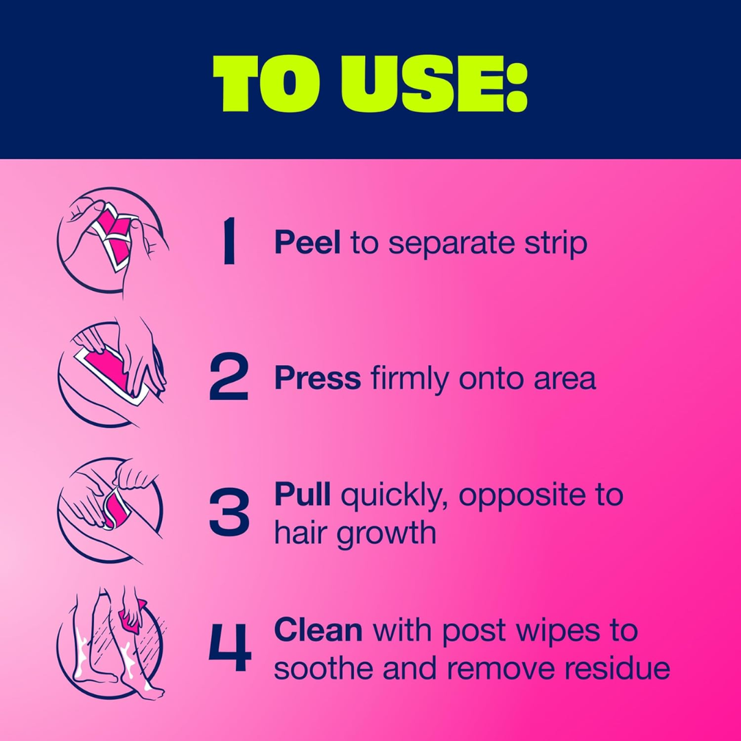 Nair Wax Ready Strips for Legs & Body, 40 Wax Strips + 6 Non-Flushable Wipes