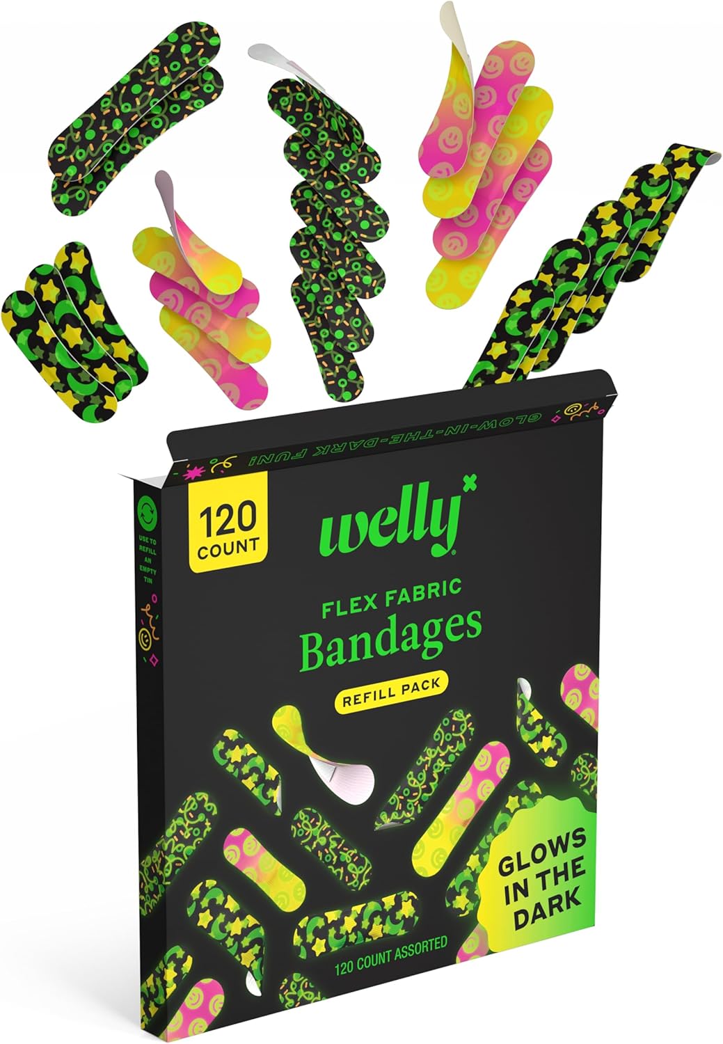 Welly Flex Fabric Bandages Refill Pack Glow In The Dark 120 Count Assorted