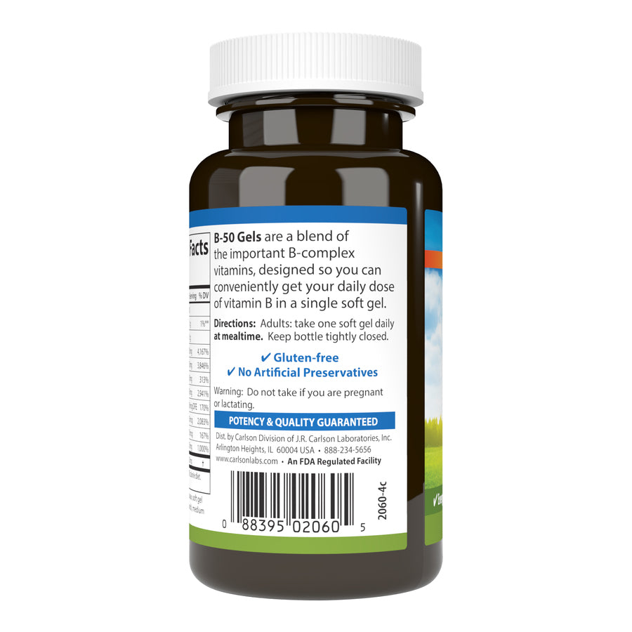 Carlson B-50 Gels Vitamin B Complex 50 Soft Gels Cellular Support, Energy Production & Optimal Wellness