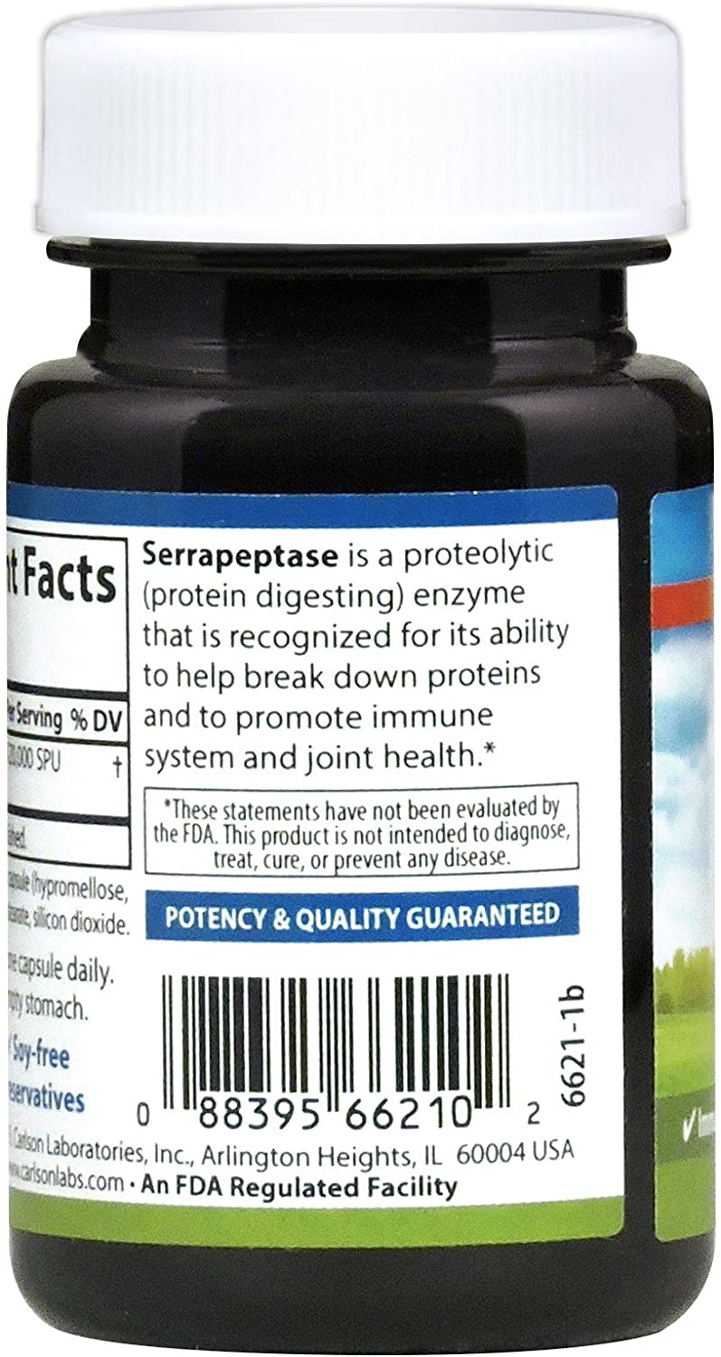 Carlson Serrapeptase 120000 SPUs Delayed Release, Immune Support, 30 Vegetarian Capsules