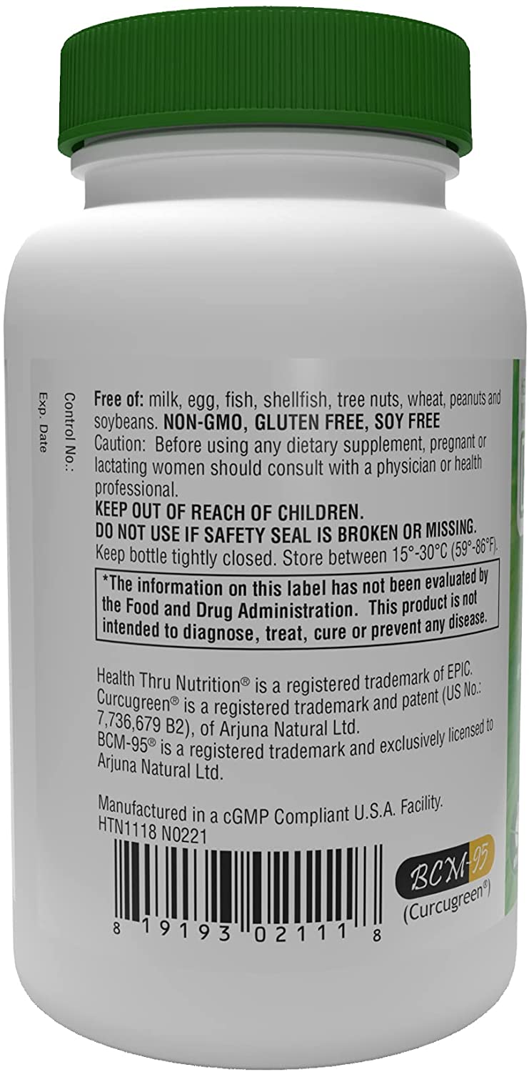 Health Thru Nutrition Turmeric Curcumin Complex as BCM-95 Curcugreen 500mg, 60 Vegecaps