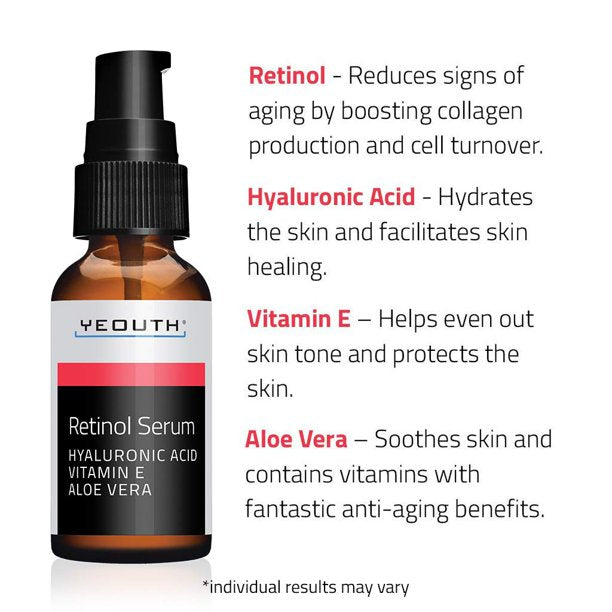 Yeouth Retinol Serum with Hyaluronic Acid, Vitamin E & Aloe Vera, 1 fl.oz / 30 ml