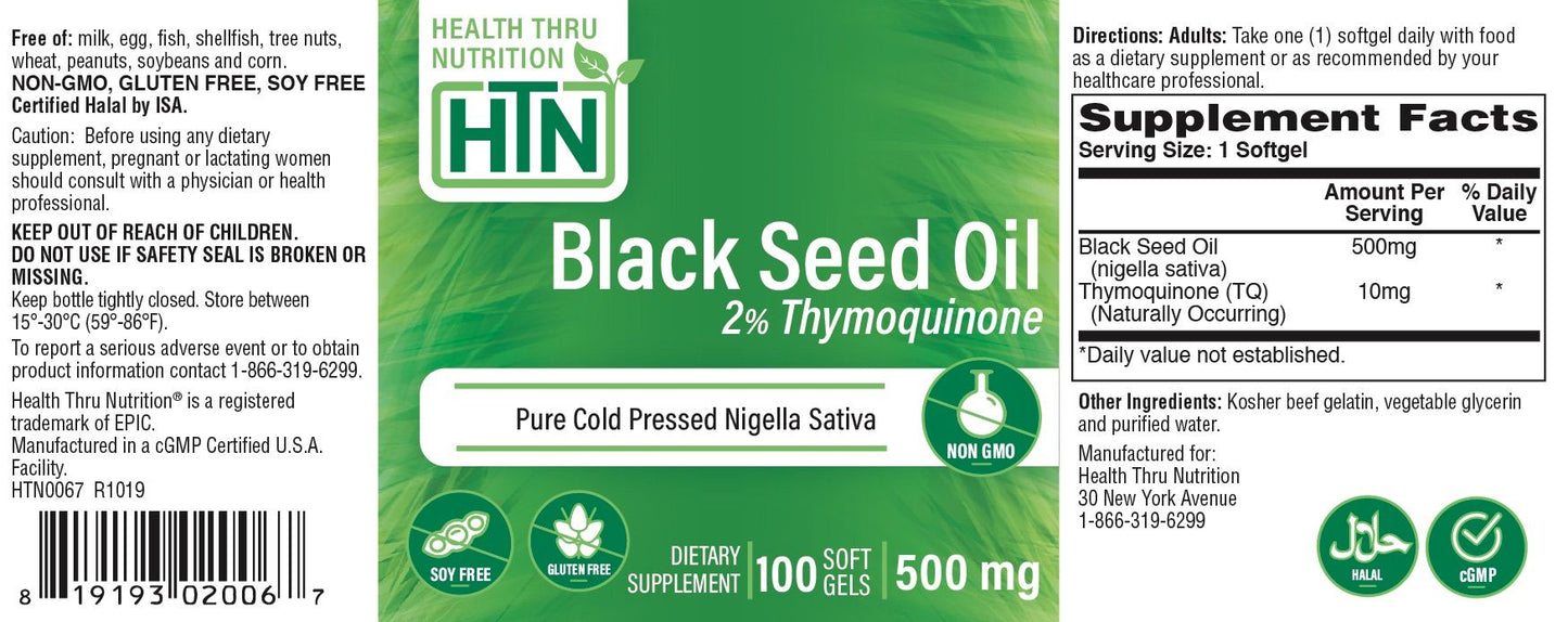 Health Thru Nutrition Black Seed Oil (Cold Pressed) 500mg (NON-GMO) 100 Softgels