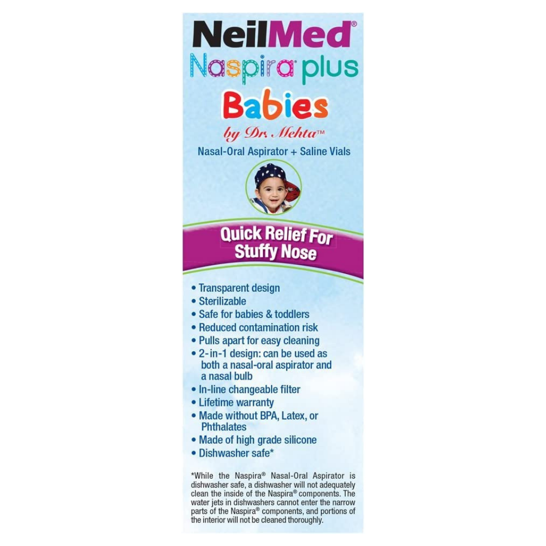 EXP 09/2025 NeilMed Naspira Plus Nasal-Oral Aspirator + Saline Vials Quick Relief for Stuffy Nose 8 Saline Vials