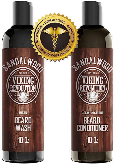 Viking Revolution Sandalwood Beard Wash & Beard Conditioner Set w/ Argan & Jojoba Oils 2x (10 oz)