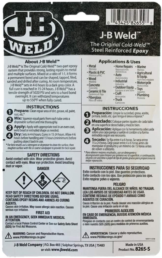 JB Weld Original Cold-Weld Formula Steel Reinforced Epoxy, 1 oz. / 28.4 g each (8265S)