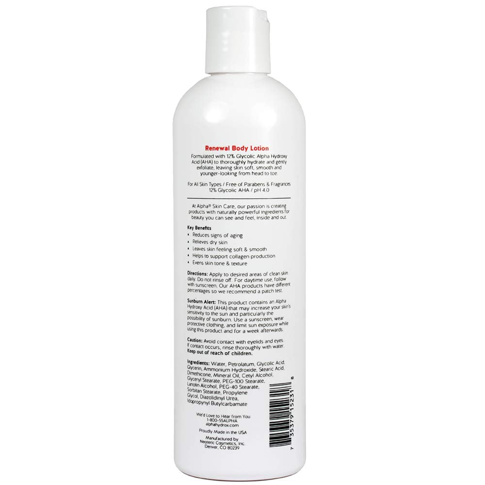 Alpha Skin Care Renewal Body Lotion, 12% Glycolic Alpha Hydroxy Acid (AHA), 12 oz. / 340g
