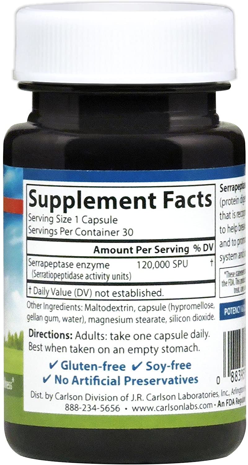 Carlson Serrapeptase 120000 SPUs Delayed Release, Immune Support, 30 Vegetarian Capsules