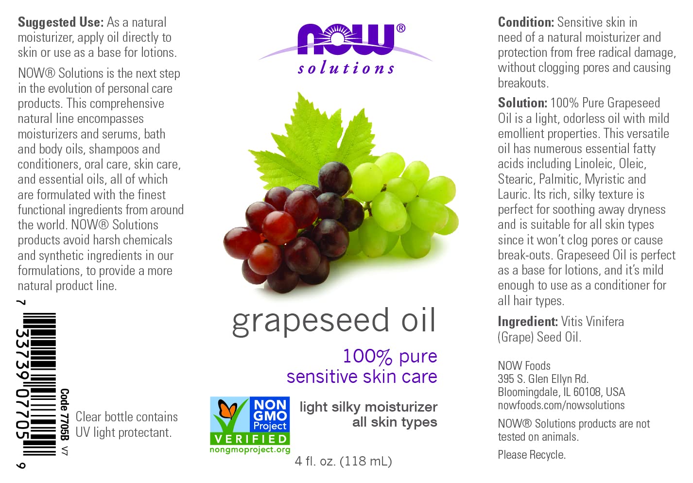 Now Solutions Grapeseed Oil 100% Pure Sensitive Skin Care Light Silky Moisturizer 4 Fl Oz (118ml)