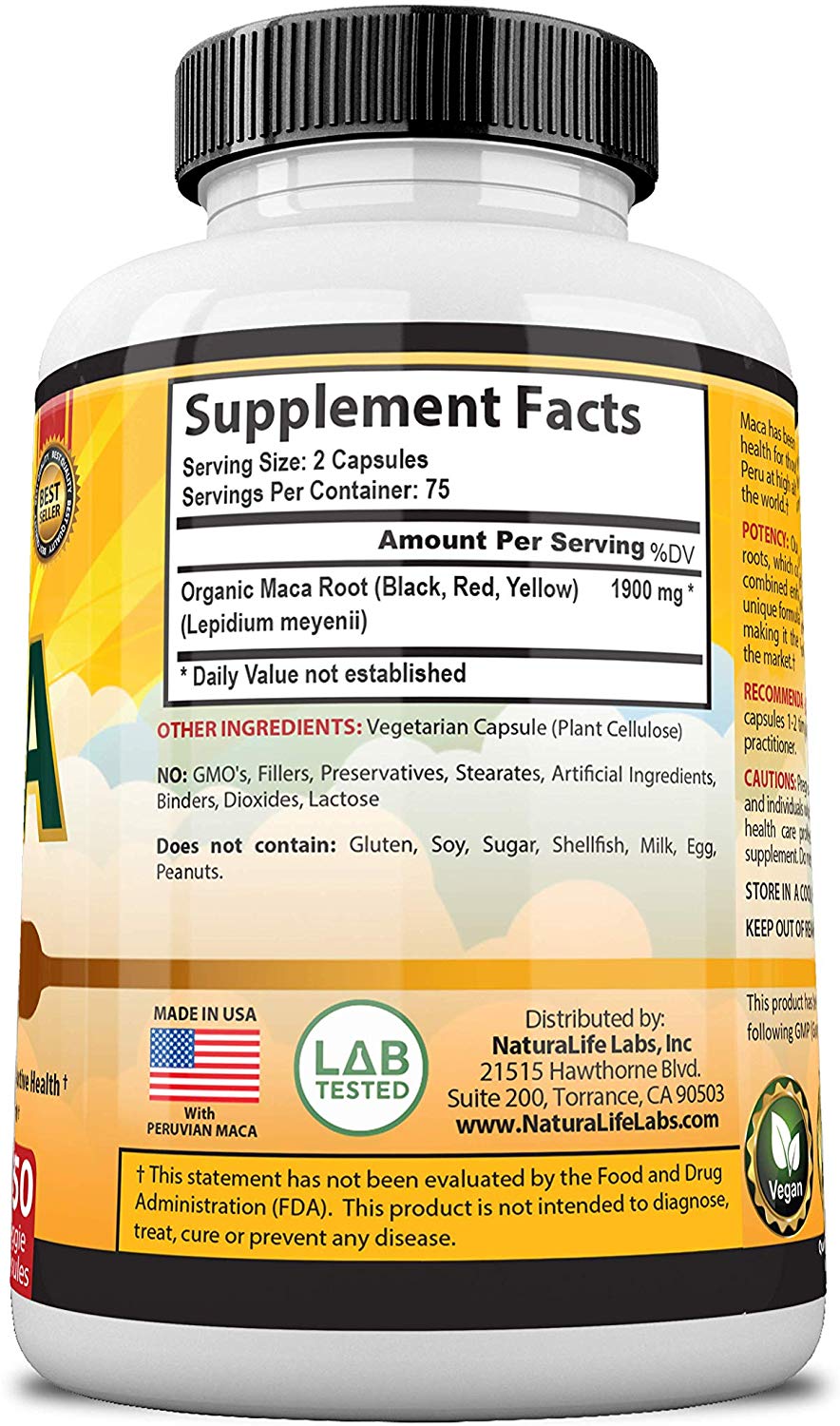 NaturaLife Labs, Organic Maca 1900 mg per Capsule (150 Veggie Capsules)
