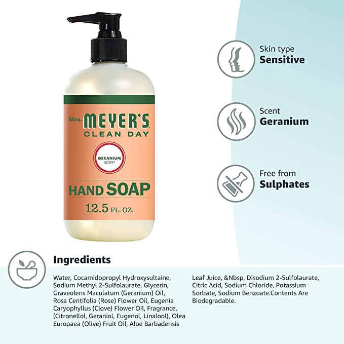 Mrs. Meyer's Clean Day Hand Soap Made With Olive Oil & Aloe Vera Geranium Scent 12.5 Fl Oz (370ml)