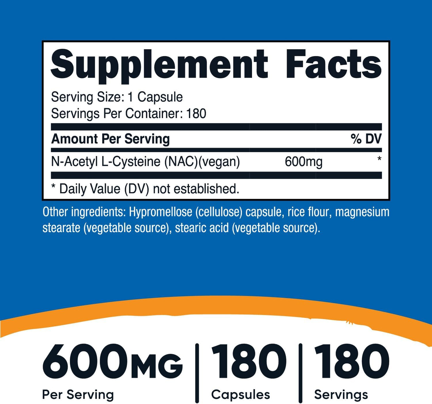 Nutricost NAC Vegan N-Acetyl L-Cysteine 600mg Per Serving Dietary Supplement, 180 Capsules
