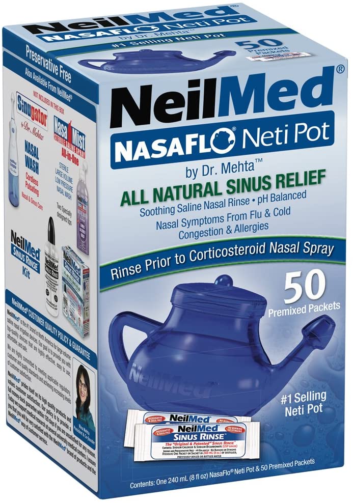 NeilMed NasaFlo Neti Pot All Natural Sinus Relief With 50 Premixed Packets