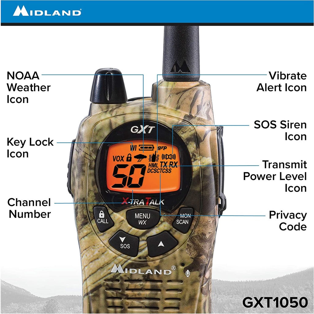 Midland GXT Pro Series GXT1050VP4 50 Channel Long Range Walkie Talkie, Black/Mossy Oak Camo, 2 Pack