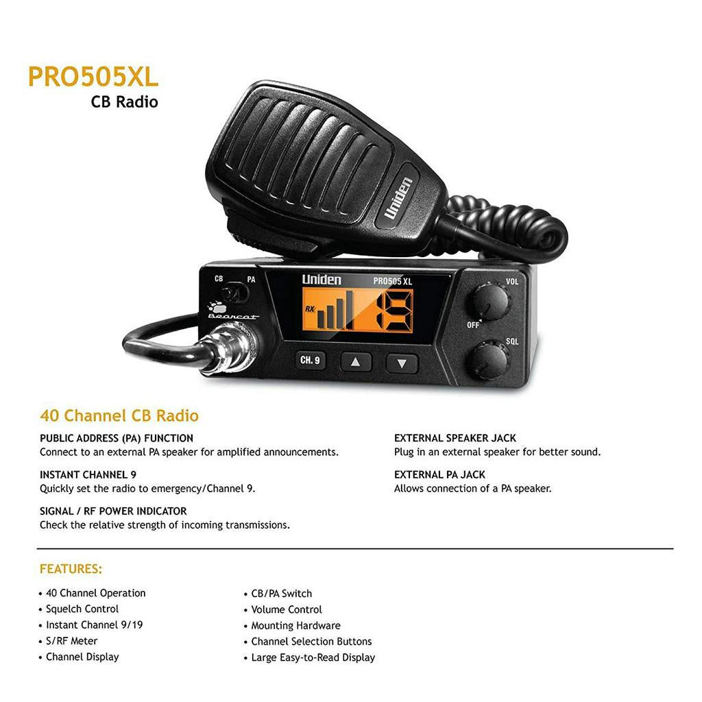 Uniden PRO505XL 40-Channel CB Radio, Pro-Series, Compact Design, Instant Emergency Channel 9, Black