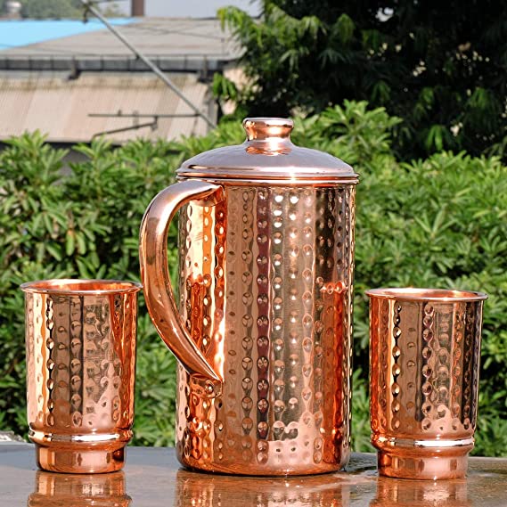 Health Goods In Pure Copper Hammered Water Jug, 2 Hammered Copper Tumblers, Copper Pitcher 1.5 L